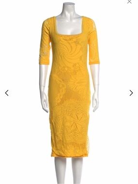 Jean Paul Gaultier Soleil Yellow Lace Midi Dress with Square Neck Sz L like new